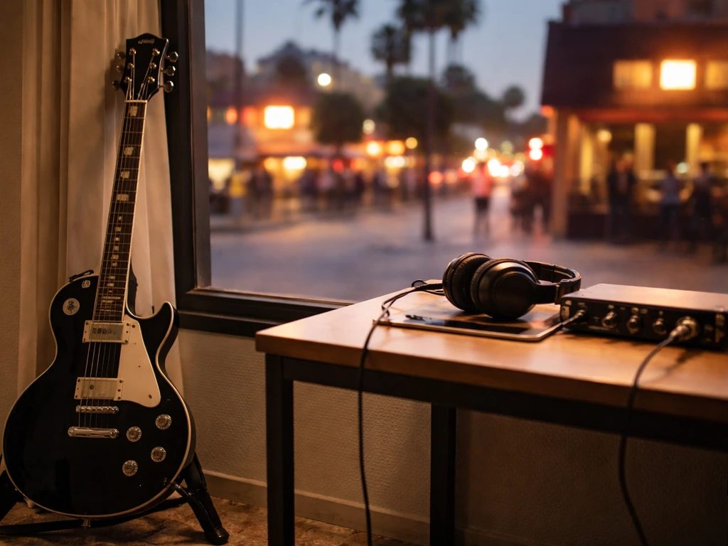 Black electric guitar on a studio desk with headphones, softly lit city background suggesting a Los Angeles punk guitari