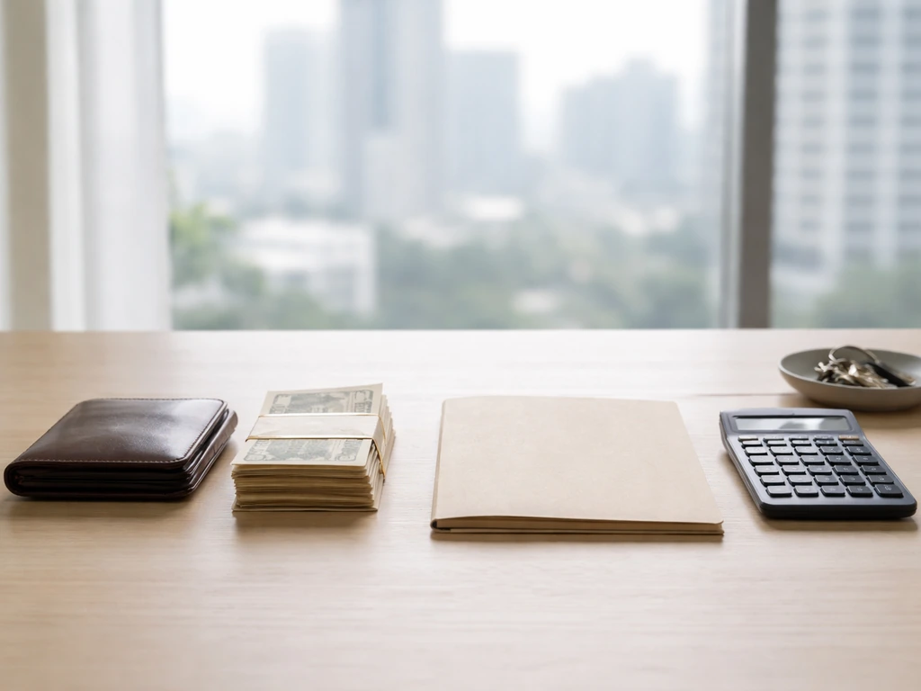 Minimal desk scene with wallet and cash versus folder, calculator, and keys to symbolize assets minus liabilities.