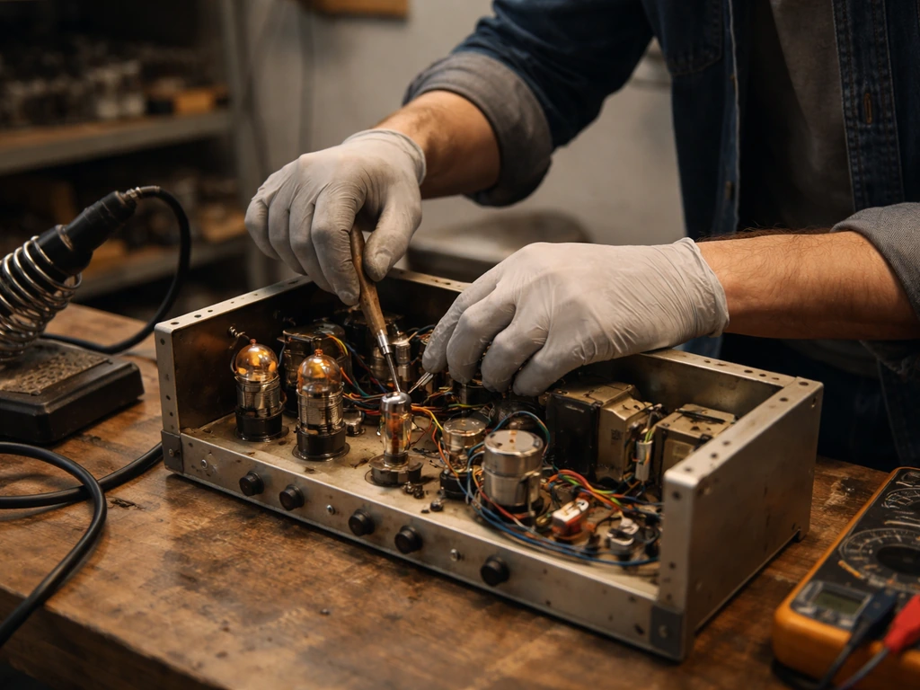 Anonymous hands repair a vintage tube amp on a simple workbench in a small music shop.
