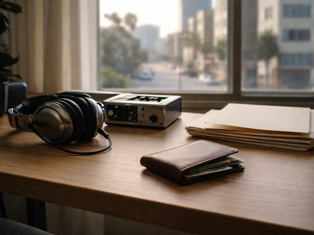 Minimal desk scene with studio headphones, tape recorder, and folders suggesting career and finance milestones