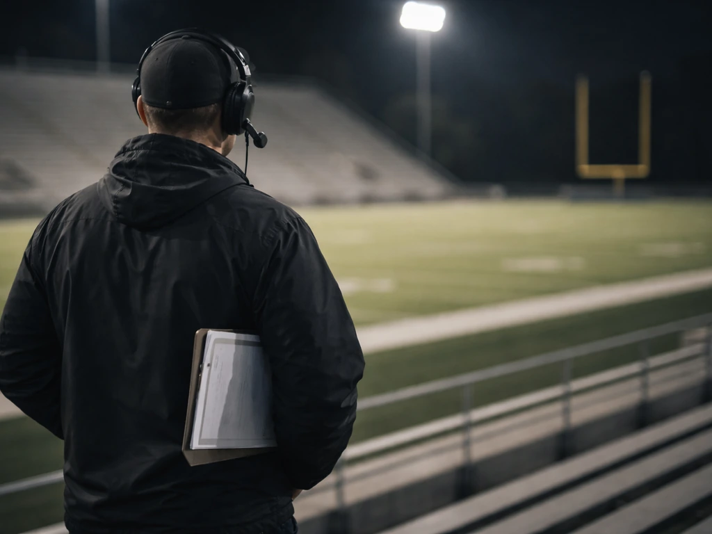 An American football stadium background with a coach clipboard, representing identifying a specific NFL Billy Yates.