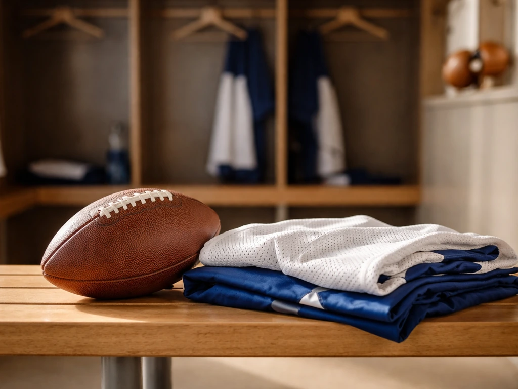 NFL-themed locker room scene with a football and neatly folded uniforms, suggesting playing-era earnings.