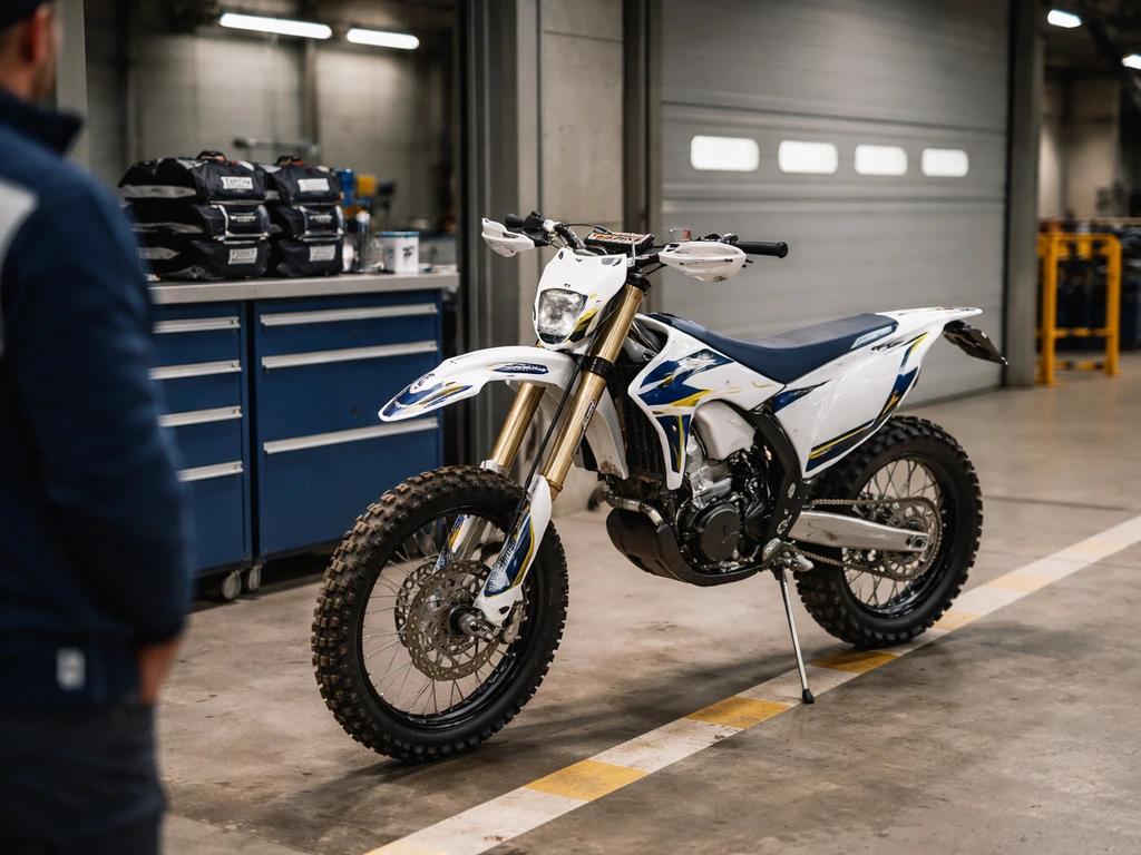 Race bike at a Husqvarna-style factory pit lane under bright lights, conveying pro rider contract and wealth
