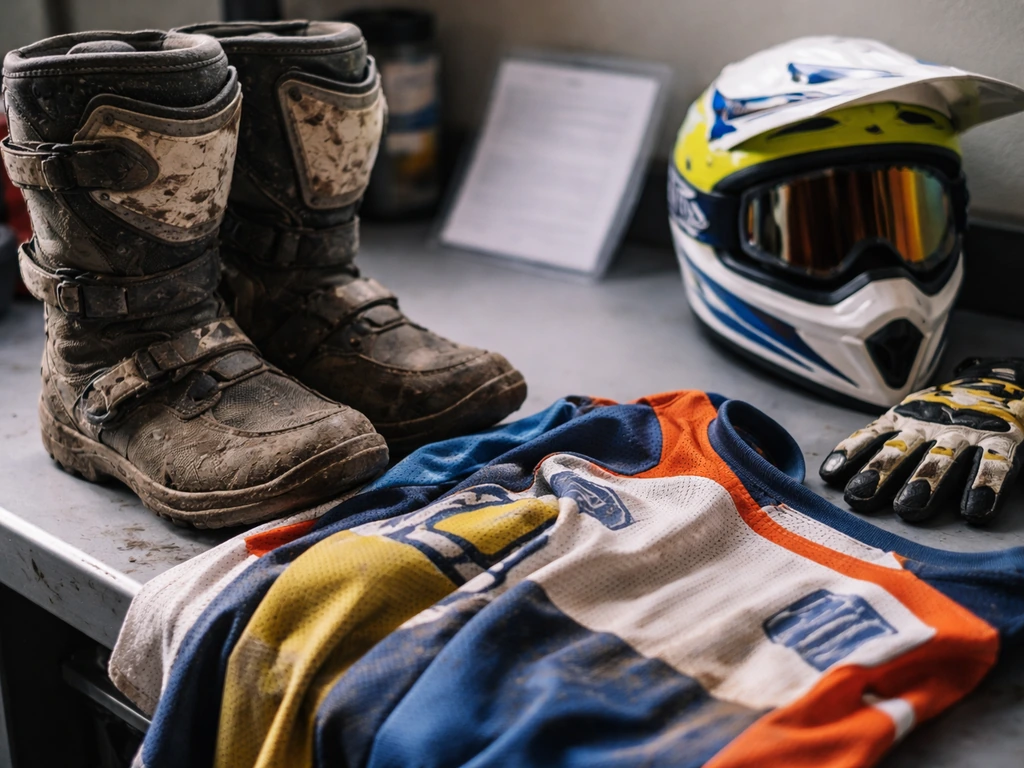 Enduro gear on a workbench with a blurred generic contract sleeve, symbolizing factory racing sponsorships.