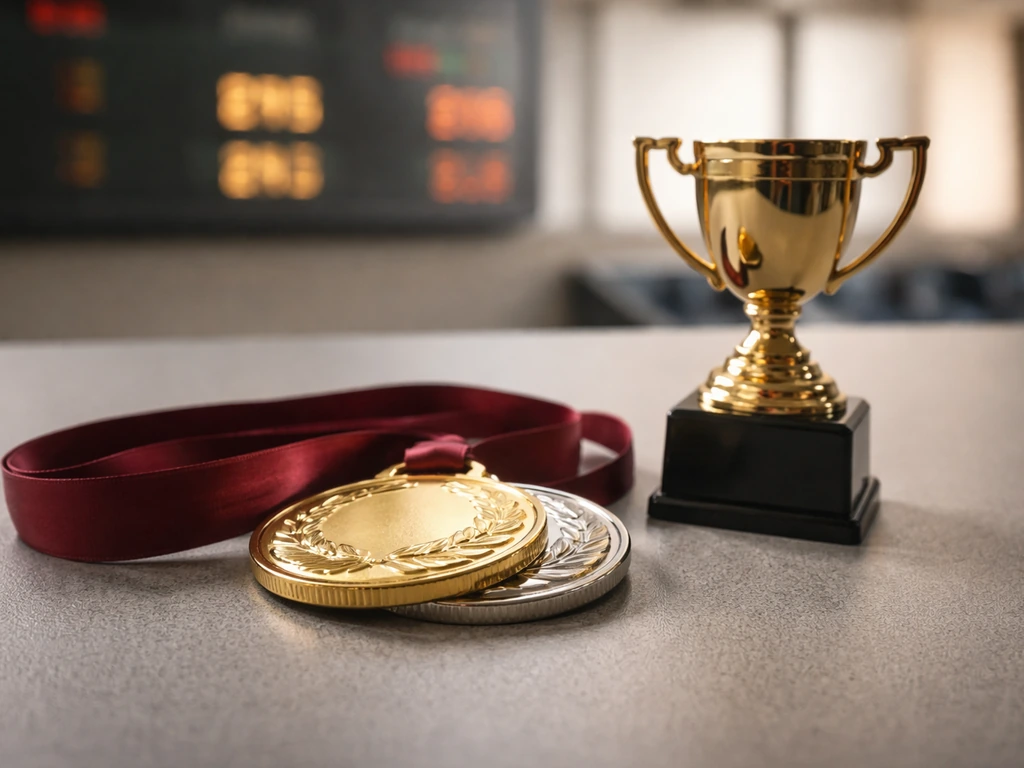 Minimal championships prize scene with stacked medals, a trophy, and blurred prize-money scoreboard backdrop