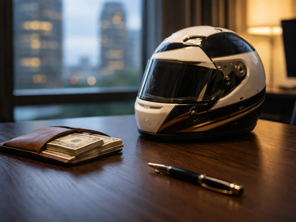 Minimal photo of a luxury desk with a racing helmet, cash envelopes, and a blurred city skyline at dusk