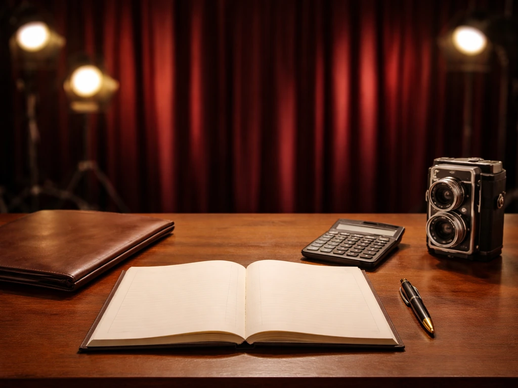 Minimal desk scene with a blank ledger notebook, calculator, and vintage film camera against a Hollywood backdrop.