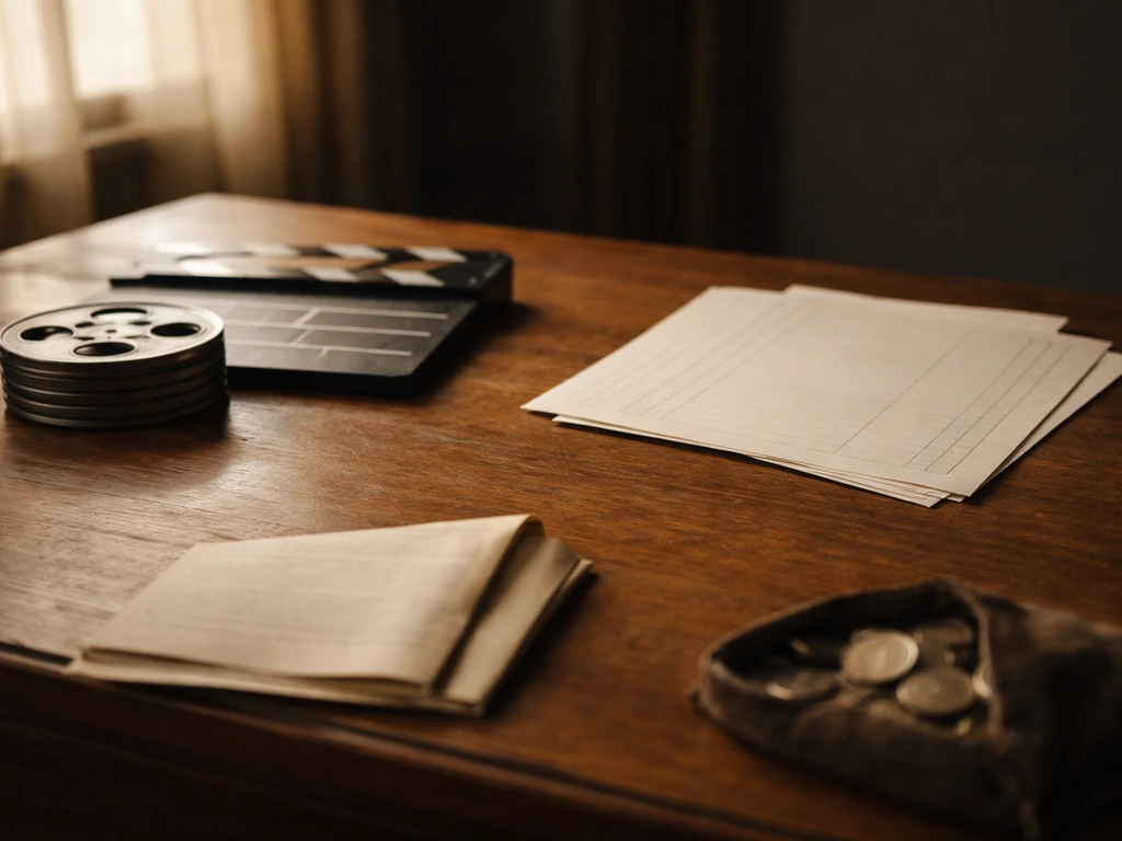 Vintage film studio desk with a small film reel, clapperboard, and handwritten-style ledger pages, symbolic income sourc