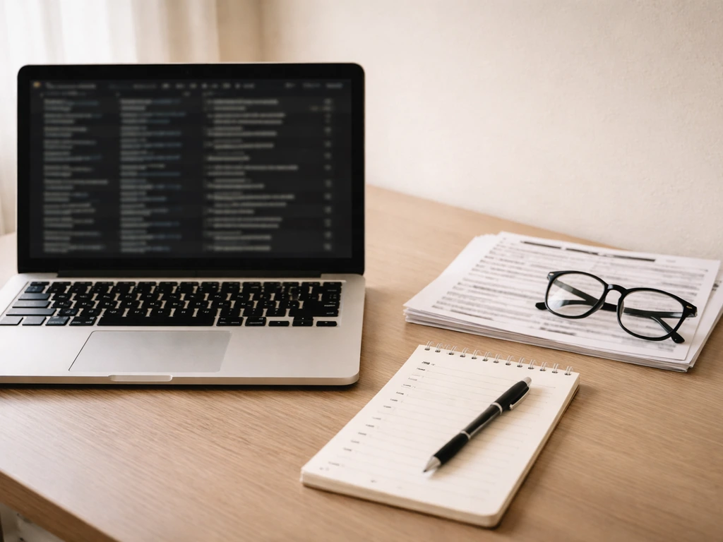 Open laptop on a desk with film credits pages and a checklist-style notes sheet for cross-verifying sources