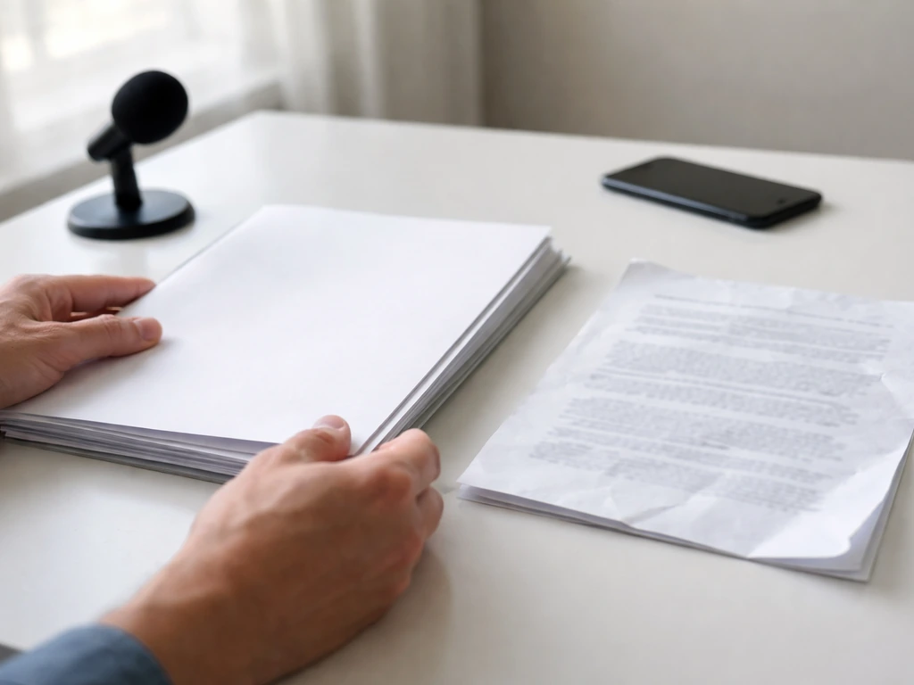 Close-up of hands comparing official-looking documents with one blurry page on a desk