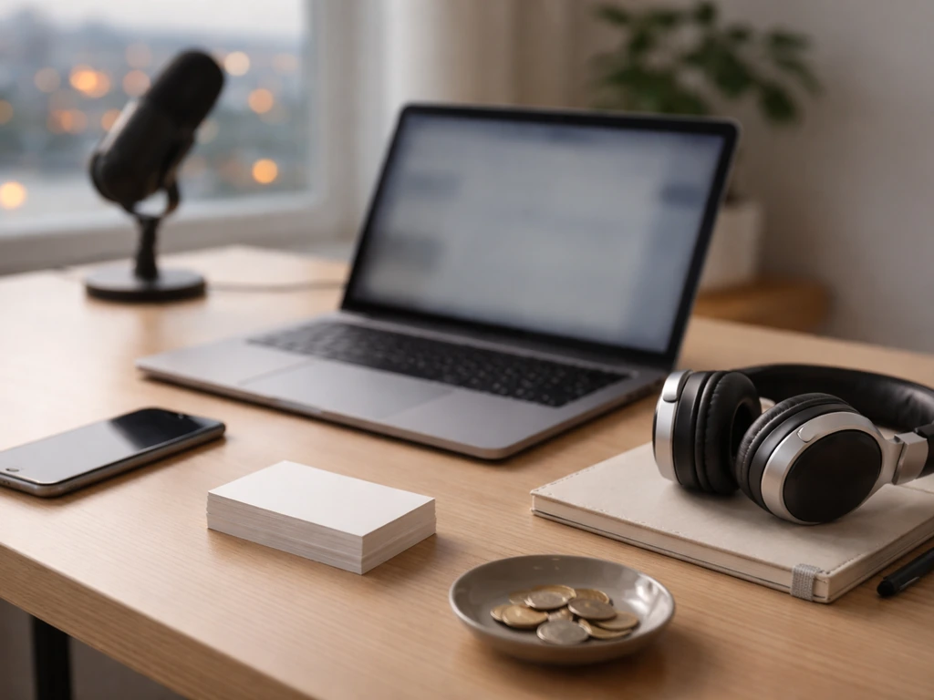 Minimal office desk scene suggesting online search and media identity without showing any people