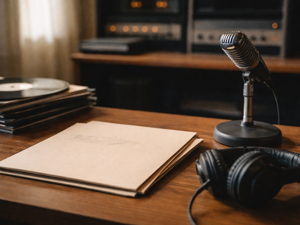 Mid-1990s studio desk with a vintage microphone and a record company contract folder, hinting at a major deal.