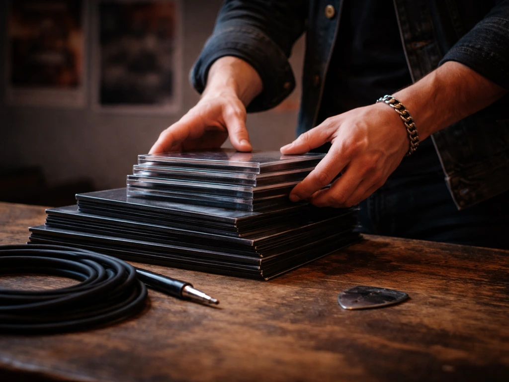 Anonymous musician’s hands arranging vinyl and CDs on a wooden studio table with a guitar pick.
