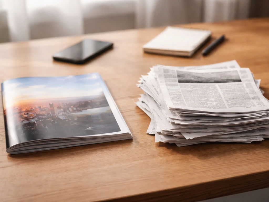 Minimal desk scene comparing a neat magazine folder vs crumpled copied pages, symbolizing trusted vs unverified sources.