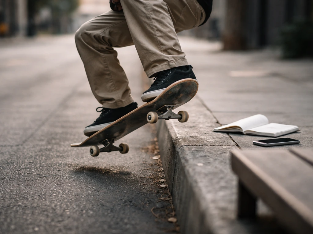 Generic skateboarder mid-trick beside a bench with a phone and notebook, urban street scene for net-worth article.