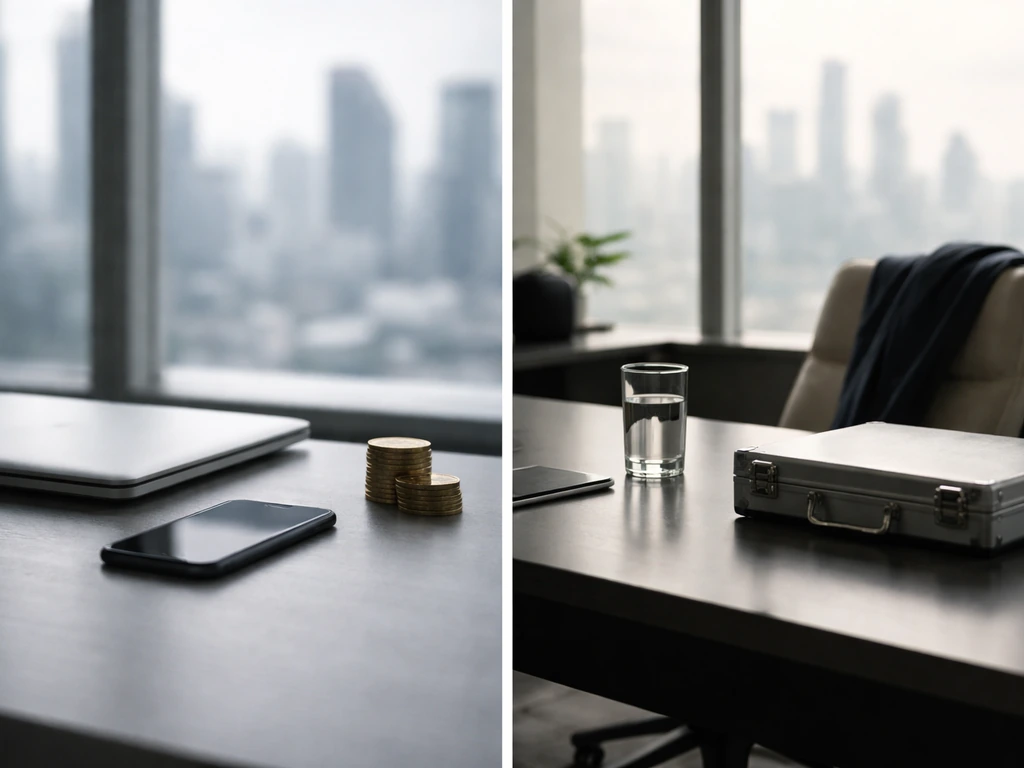 Minimal split-scene showing anonymous finance media search confusion via symbolic objects and a city skyline.