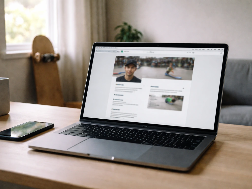 Minimal photo of a laptop open to an official athlete database page, blurred for anonymity