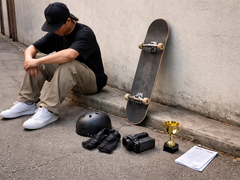 Anonymous skateboarder with gear, camcorder, small trophy, and blank flyer hinting income streams