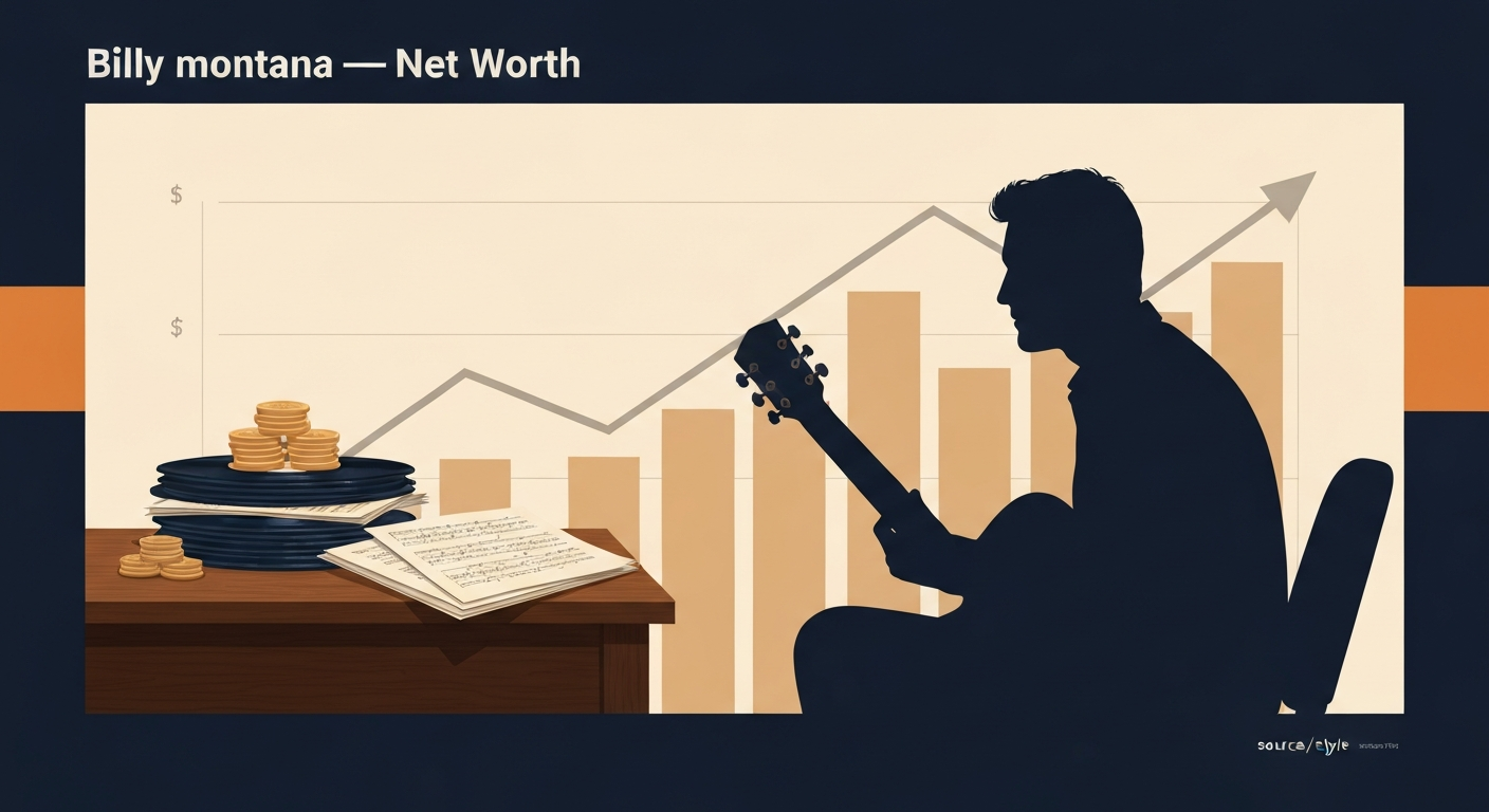 Editorial illustration of a generic Nashville songwriter (silhouette) with guitar, records, and a background line graph indicating growing royalties — warm sepia and navy tones, headline space left blank.