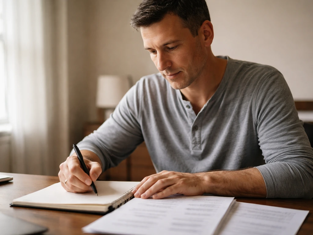 Anonymous man in a minimal home office reviewing blurred printed pages to confirm the right Billy.