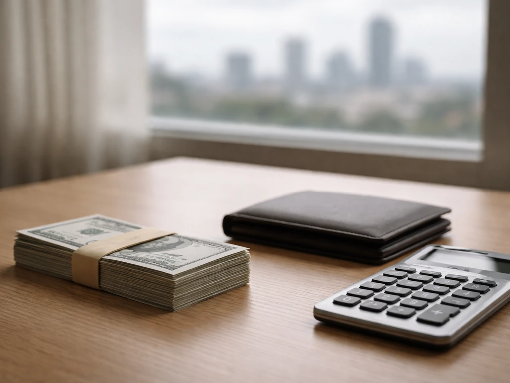 Minimal photo of a banker’s desk with cash, a calculator, and city skyline through a window