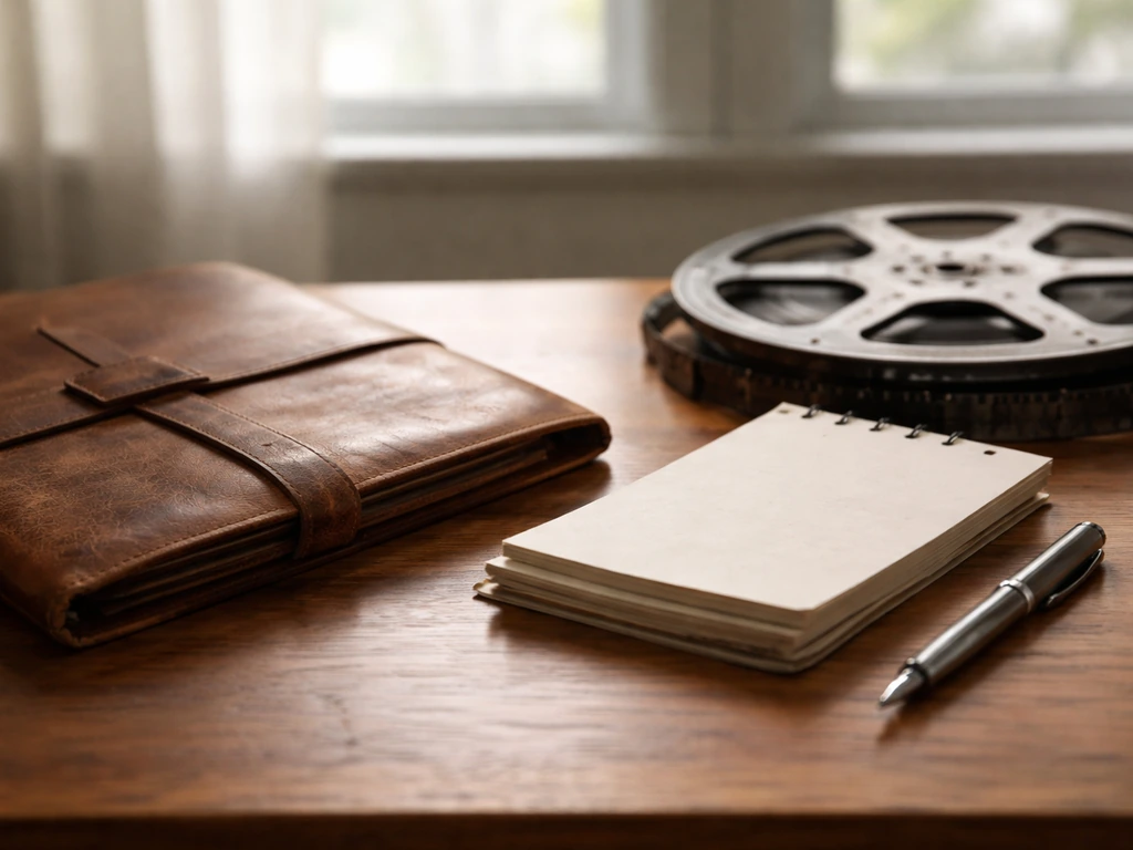 Leather folder, film reel, and script notebook on a wooden desk in soft natural light.