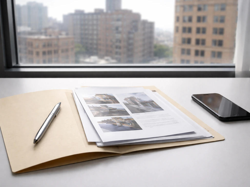 Desk with an open folder of property-record pages and pen, NYC skyline blurred in the background.
