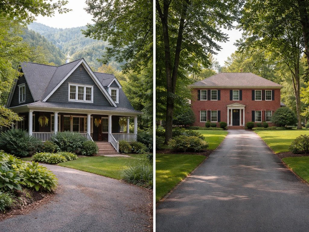 Two minimal exterior home views side-by-side, representing two different “Billy Graham house” search locations.