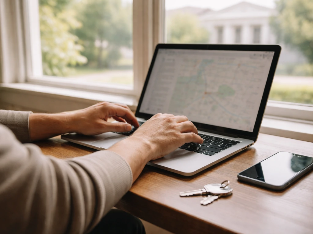 Anonymous hands at a desk using a laptop and phone, symbolizing checking public property records to estimate value.