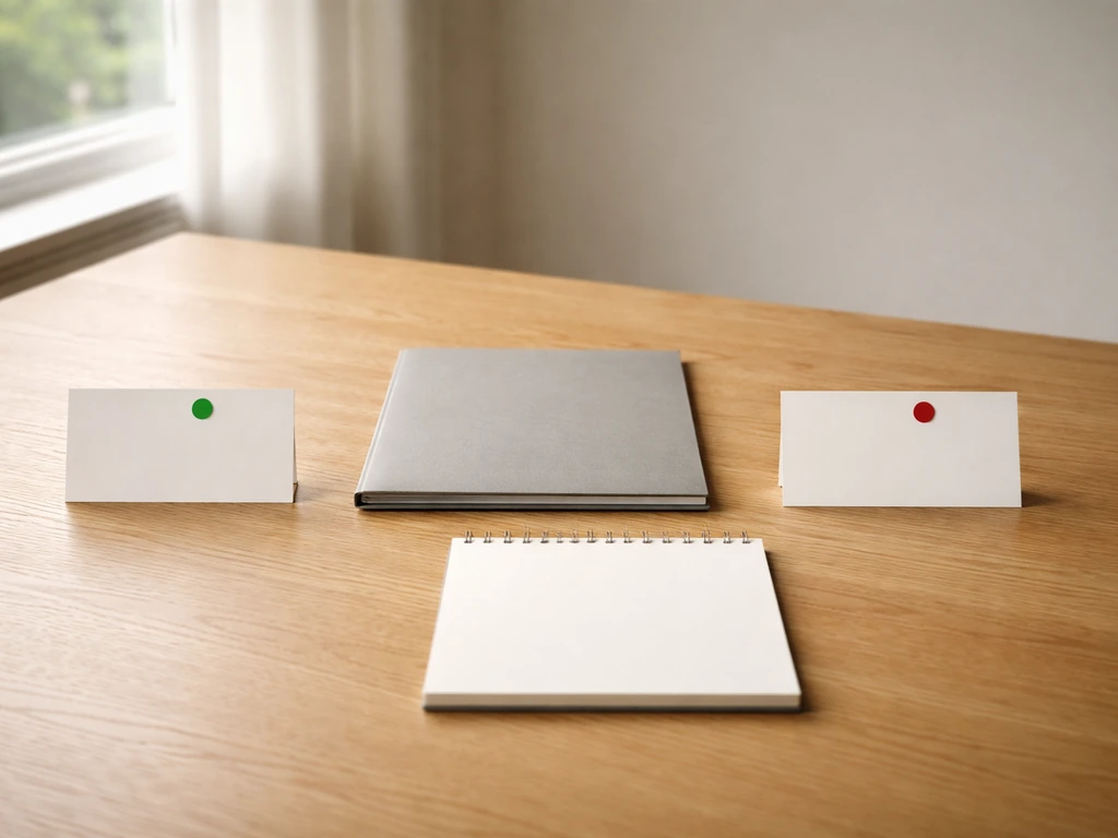 Minimal wooden table with blank folder and two unlabeled dot-marked cards suggesting known vs unknown.