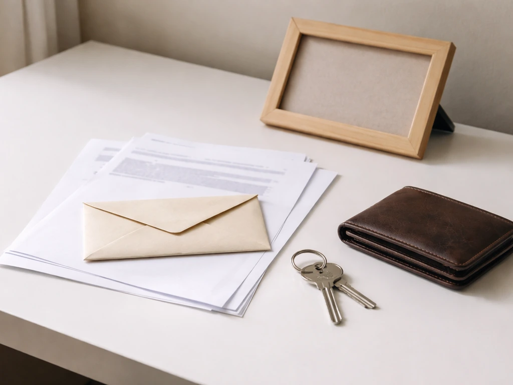 Minimal photo of a desk with scattered financial papers, a house key, and an envelope, suggesting assets vs liabilities