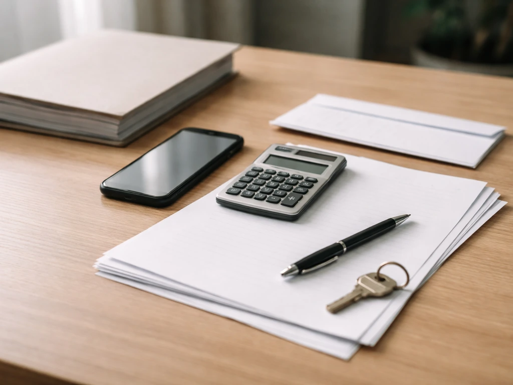 Close-up of a desk with calculator and sorted documents, suggesting public-data based estimate calculations