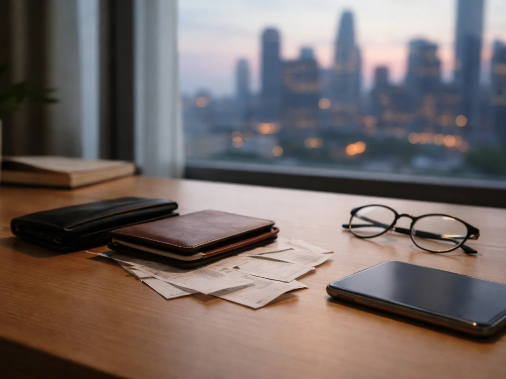 Minimal home-office desk with wallets, receipts, phone, and glasses suggesting financial record review.