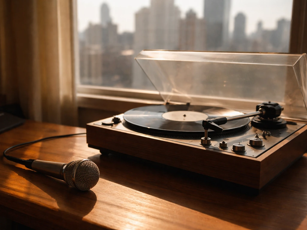 Minimal desk scene with a record player and microphone, symbolizing classic jazz identity and money curiosity.