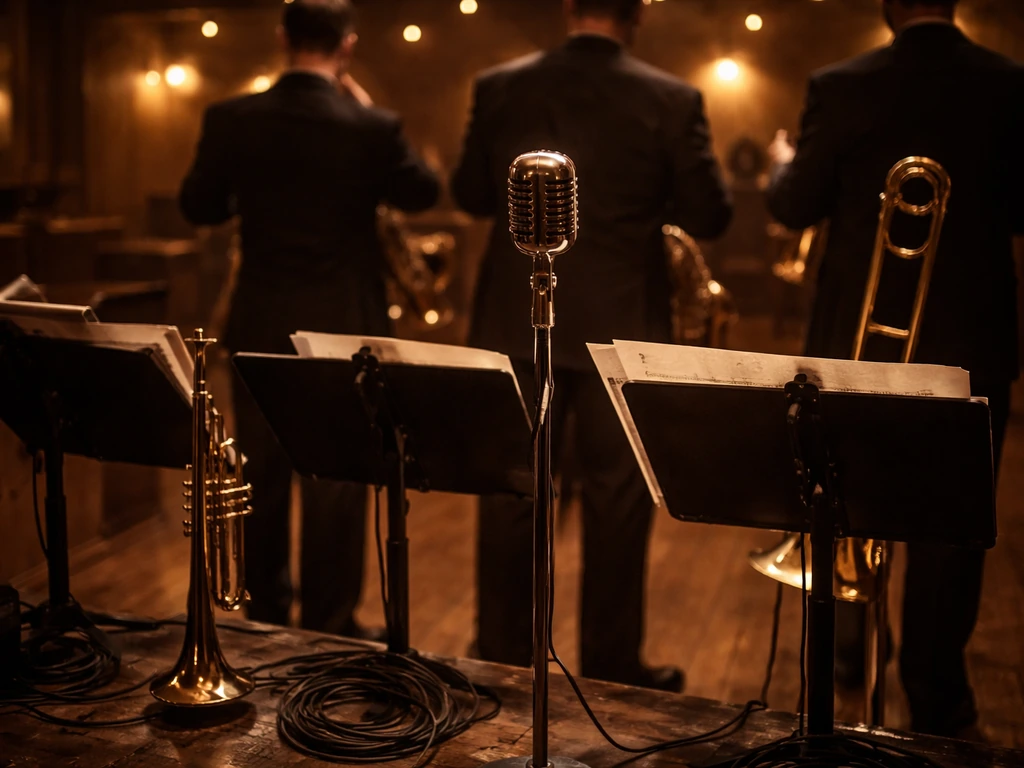 1930s-era jazz club with an unseen band setup, brass instruments and microphones ready under warm lights