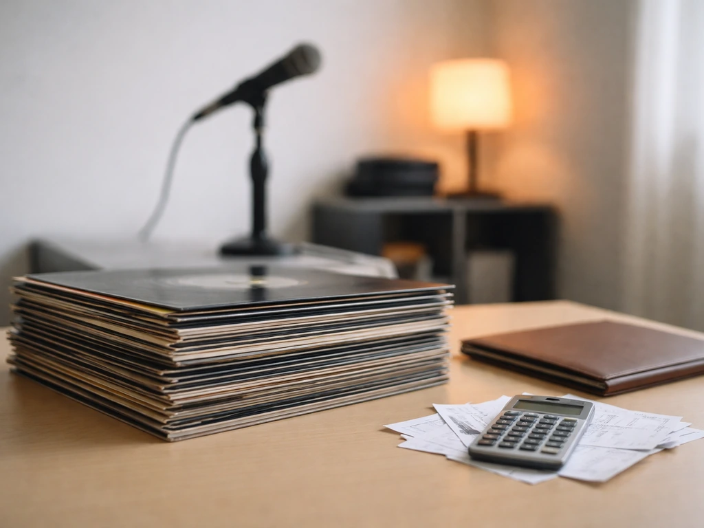 Minimal desk scene with vinyl records and business items suggesting multiple income streams