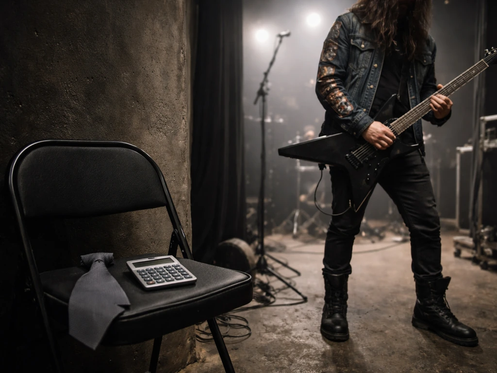 Anonymous metal guitarist in backstage area with a business tie and calculator for name disambiguation.