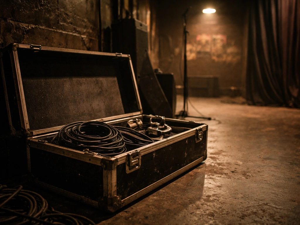 Vintage backstage scene with a road case and cables, hinting at a 1980s metal touring income era