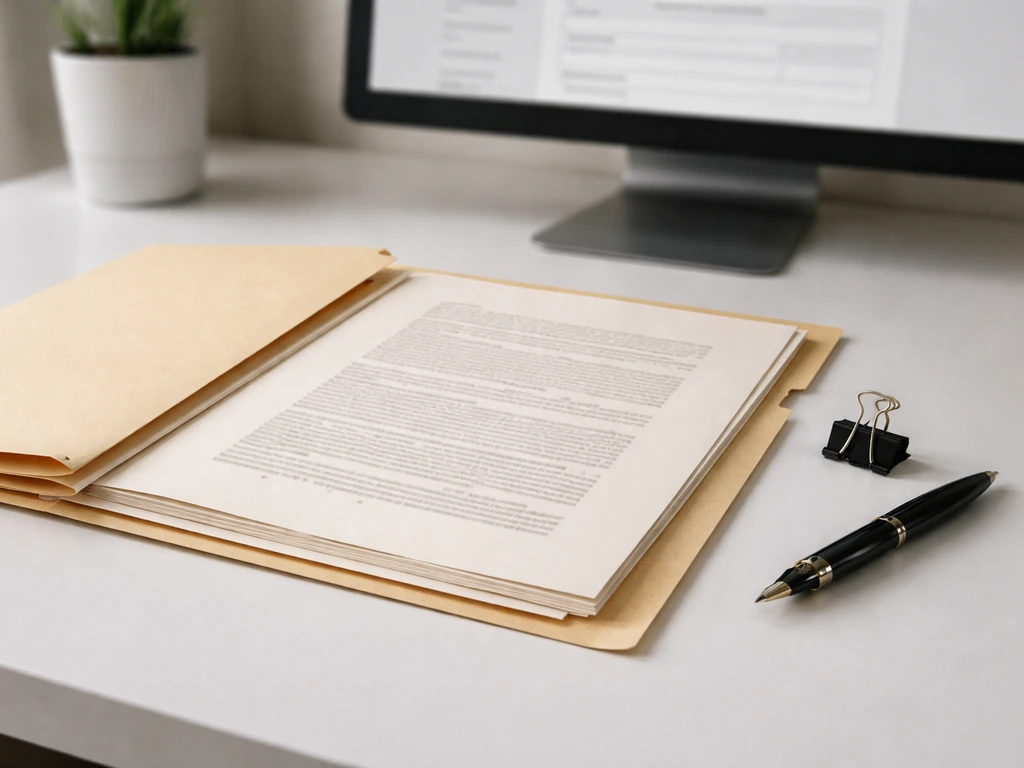 Close-up of legal filing documents and pen on a desk with a blurred USPTO-style trademark page background.
