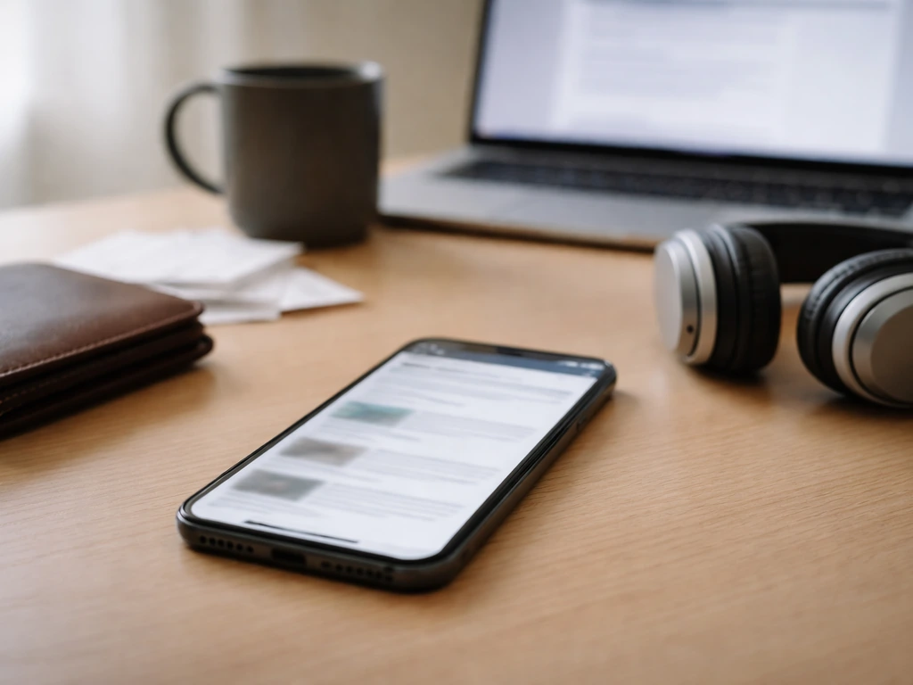 Close-up of a smartphone on a desk showing a browser view of official fan sites, with a wallet and headphones nearby.