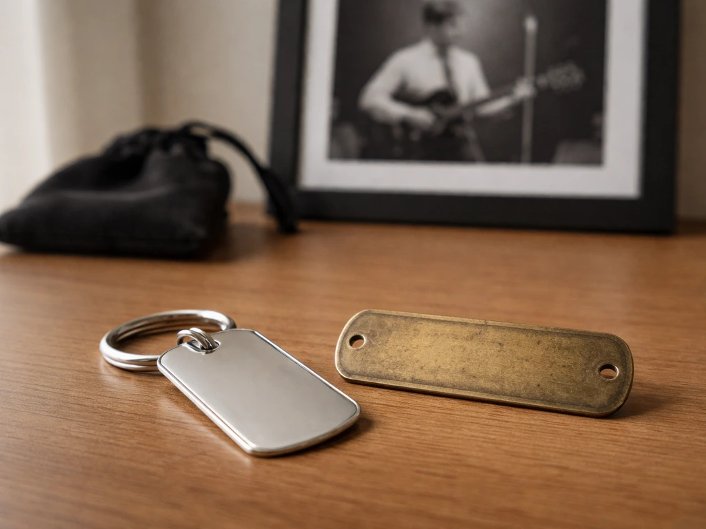 Two blank identity tags on a wooden desk with a softly blurred vintage stage photo behind them.