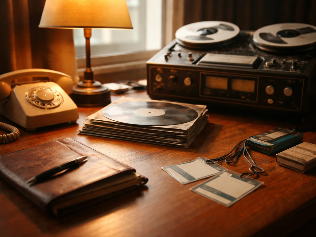 Vintage recording-studio desk with a rotary phone and scattered records, evoking Elvis-era Memphis entourage.