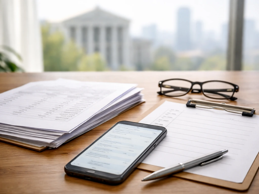 Minimal desk scene with documents, a phone showing a finance search page, and pen for verifying numbers.