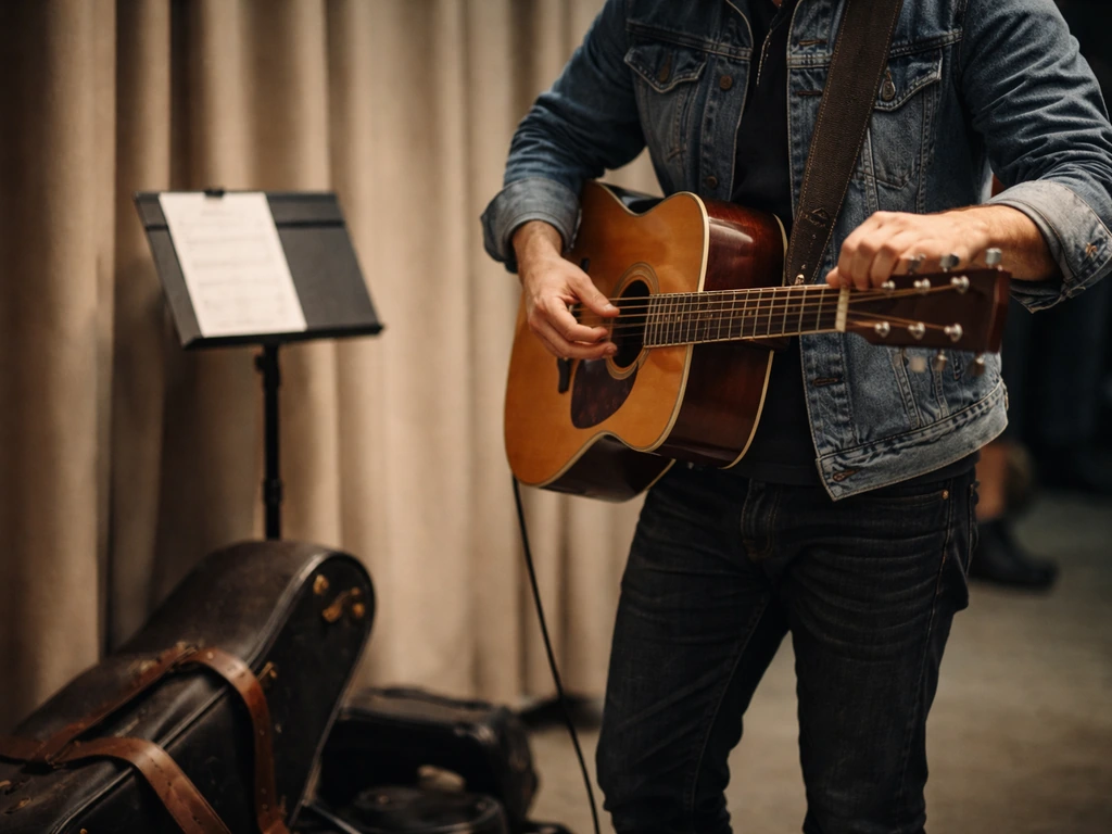 Backstage musician adjusting an acoustic guitar near a music stand and curtain, evoking a touring bluegrass setting.