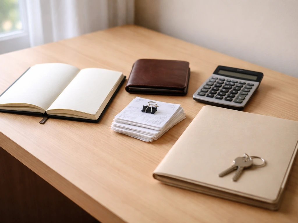 Minimal desk scene with wallet, receipts, calculator, and open notebook under natural light.