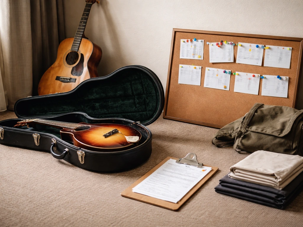Touring musician setup: instrument case, setlist, and routing board in a quiet hotel room.