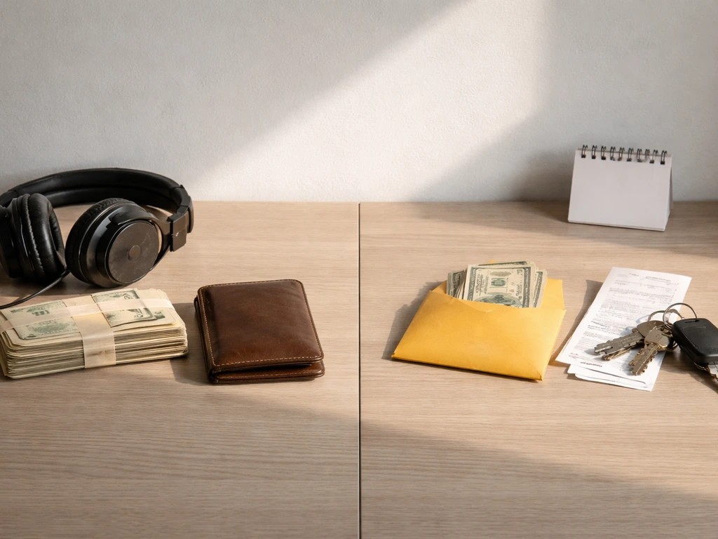 Minimal desk photo contrasting savings/gear with bills/taxes items, symbolizing assets vs liabilities.