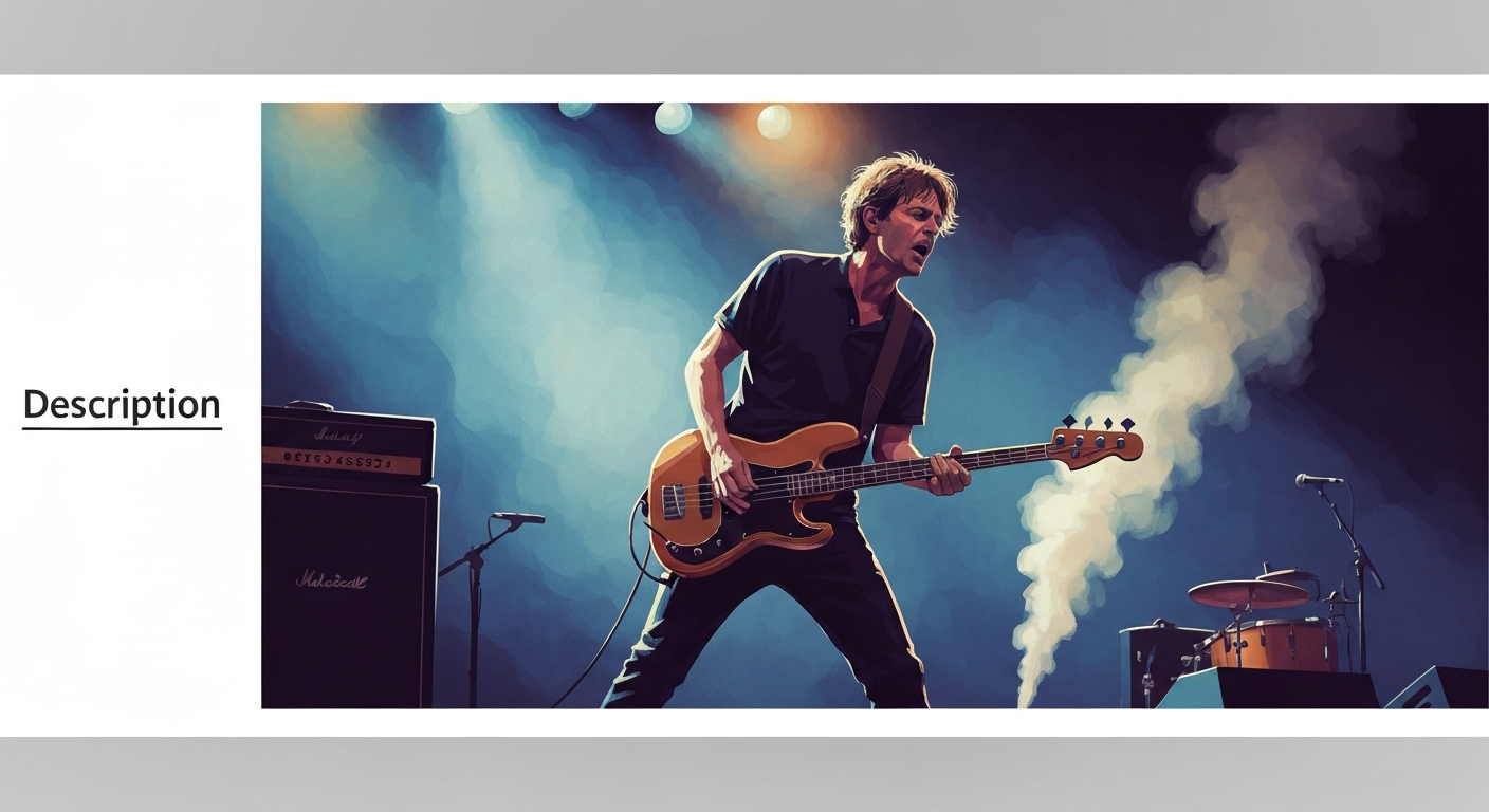 Illustration of Billy Gould playing bass on stage with moody stage lighting.