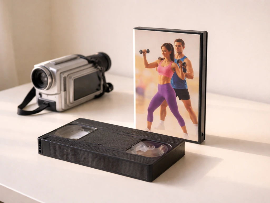 Minimal desk scene with a camcorder and VHS/DVD-style workout media set up, no readable text.