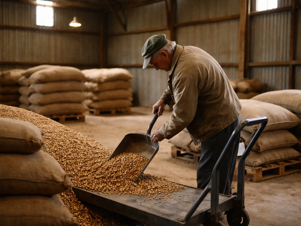 Anonymous worker scooping peanuts inside a 1970s rural warehouse near large sacks.
